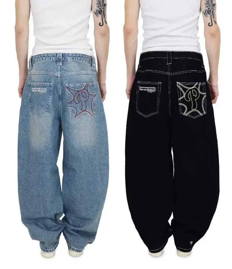 Джинсы Y2k с вышивкой, прямые широкие брюки, мужская уличная одежда в стиле хип-хоп, Harajuku, повседневные простые мешковатые женские джинсы 231225