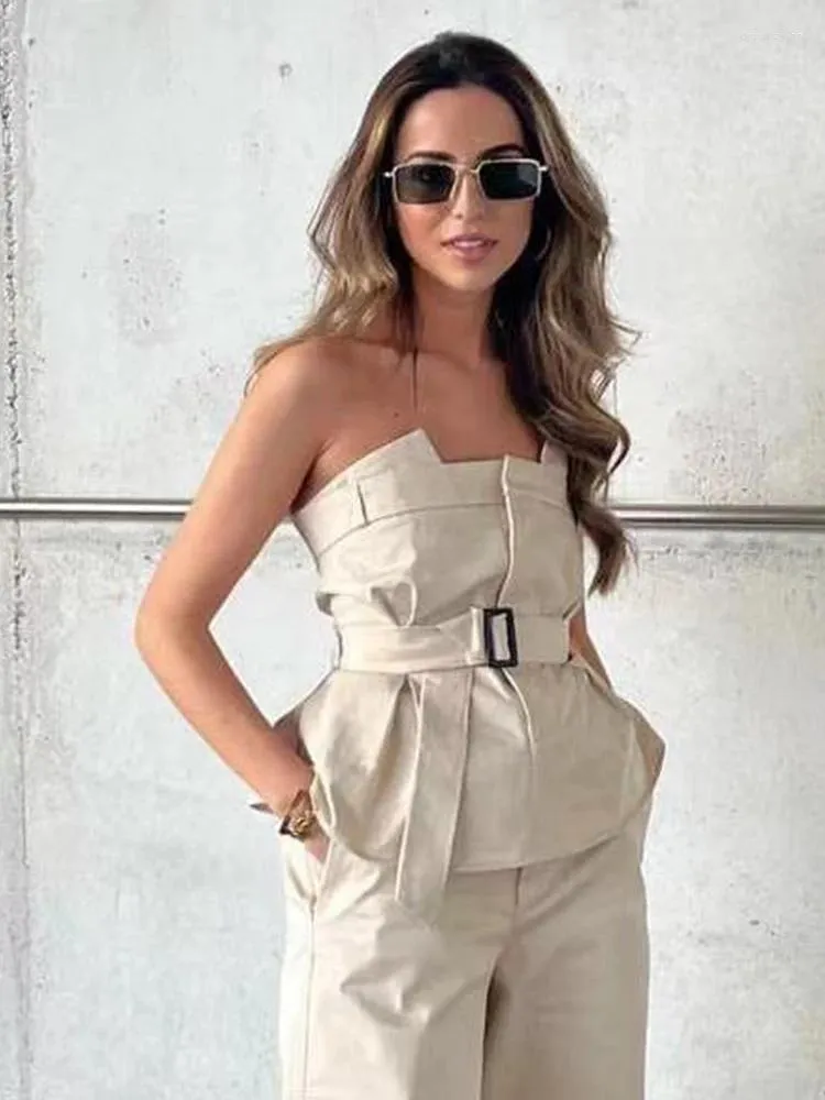 Women's Tanks PUWD Women Fashion With Belt Beige Strapless Short Tops 2023 Spring Vintage Side Zipper Sleeveless Female Camis Mujer