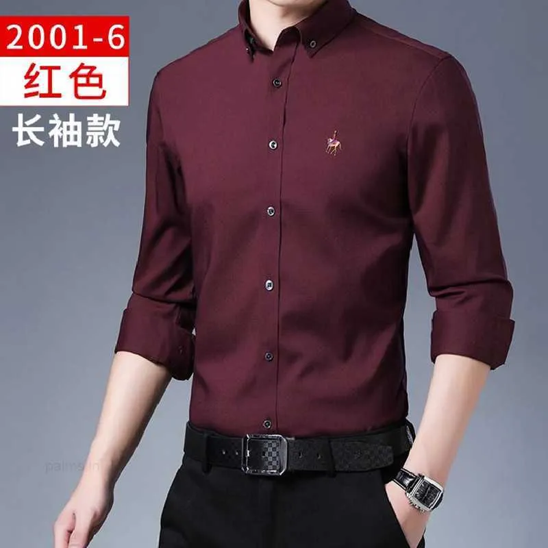 Spring Paul Men's Wine Red Bamboo Fiber Plaid Long Sleeved Shirt Green Middle Aged High End Casual No Iron