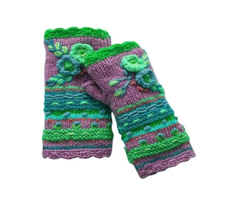Cinq doigts gants de qualité Femmes tricotées à la main 039 Fleurs d'automne d'hiver Mittes noires sans doigts broderies en laine chaude1232437
