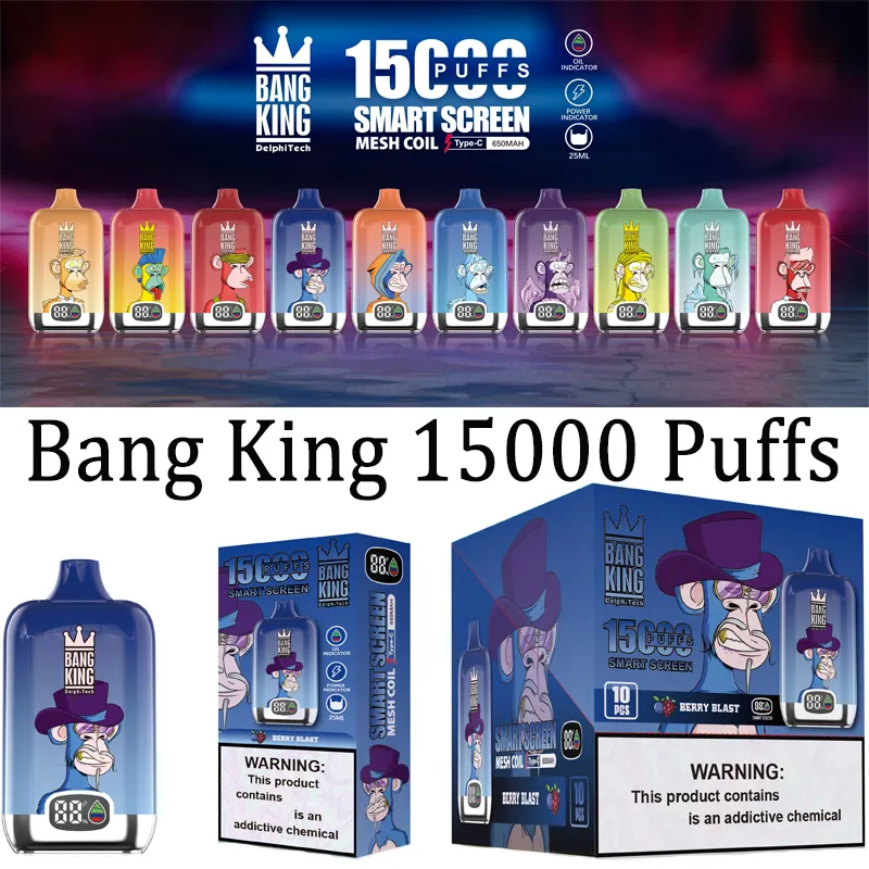 BANG KING DIGITAL 15000パフ電子タバコ使い捨て蒸気0％2％5％25mlプレフィルドポッド650MAH充電式バッテリーパフ15Kスマートスクリーンペン