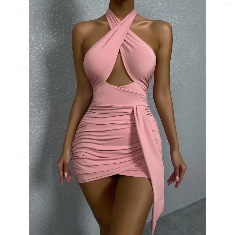 Casual Dresses Girl Cross Neckline Wrap Buttocks Women Summer Sexiest Dress Women's Pink Randed Pleated Sexig rygglös ärmlös sundress