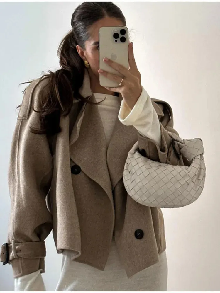 Elegant Cropped Woolen Coat For Women Lapel Collar Loose Long Sleeve Jacket Autumn Chic Casual Office Lady Outerwear 231225