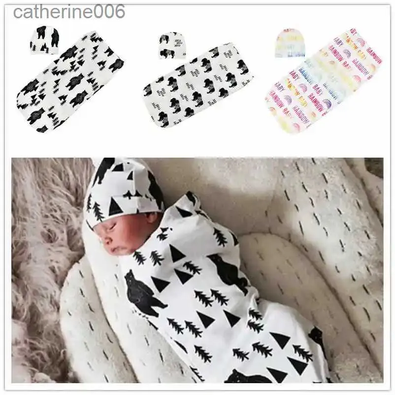 Sacs de couchage Nouveau-né bébé sac de couchage mignon dessin animé Animal imprimé Swaddle couverture dormir Swaddle enveloppe en mousseline + chapeau 2 pièces nouveau-né SetL231225