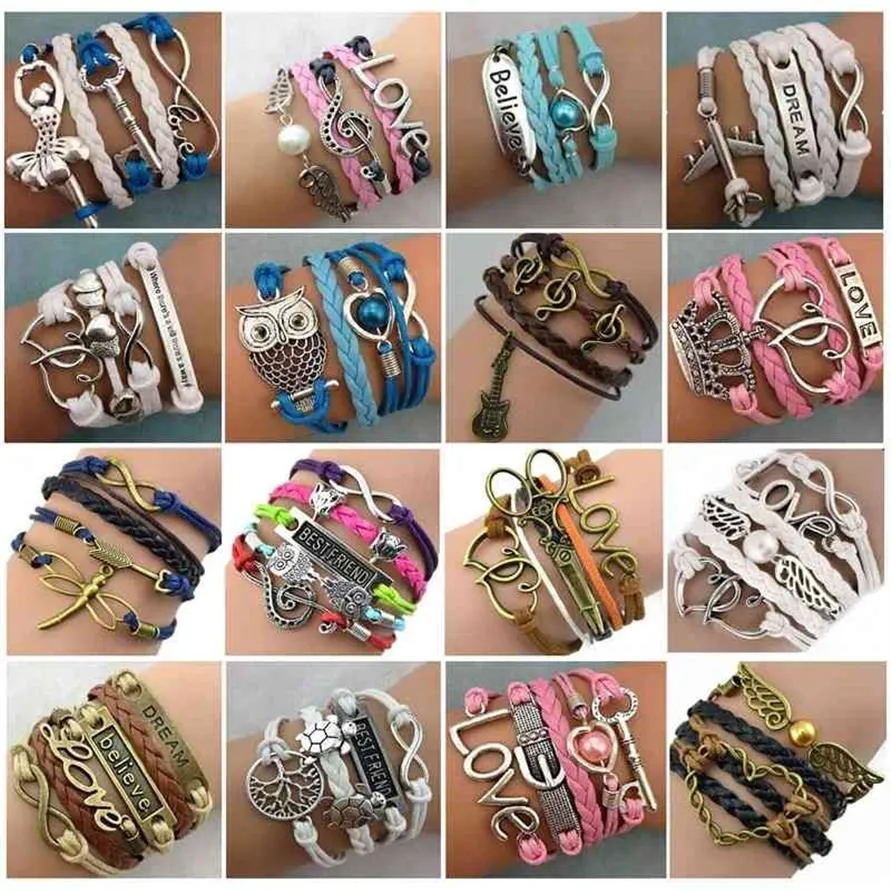 Cały 30pc partie Style Mix Style Infinity Charm Bracelets Antique Multilayer Skórzane bransoletki dla kobiet biżuteria 210323300k