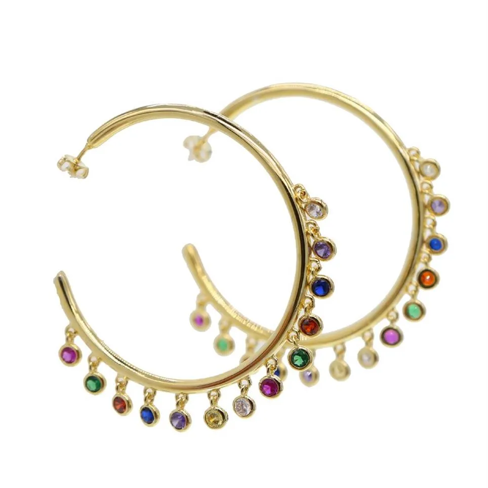 2019 Big Round Round Boucles d'oreilles colorées pour les femmes brillantes 45 mm arc-en-ciel CZ Circle d'oreille Oreille d'oreille Gold Color Bijoux