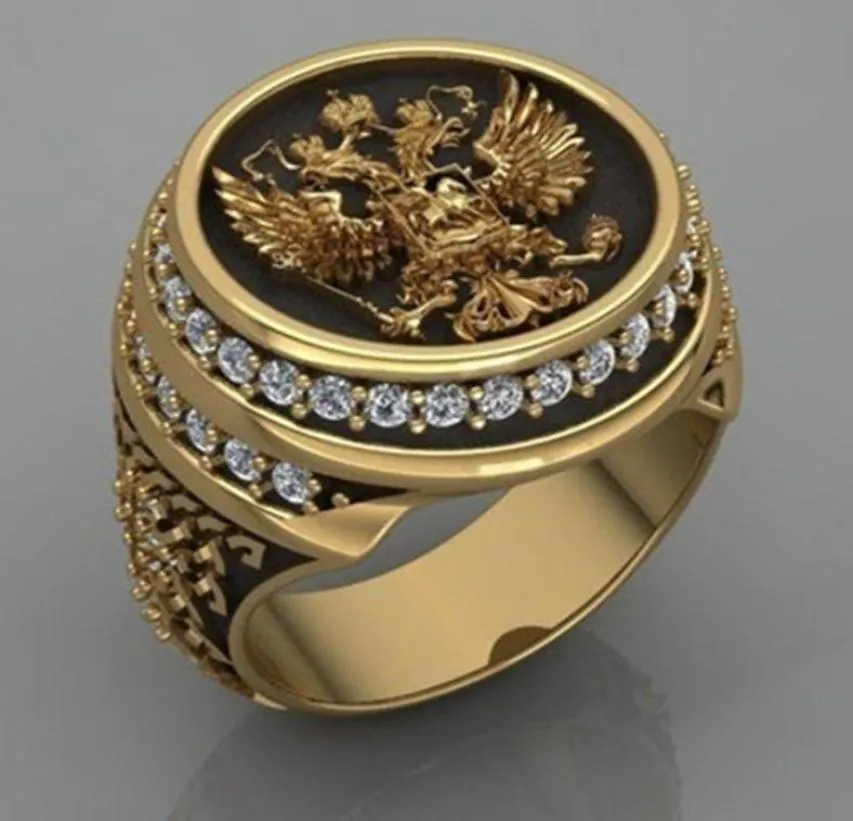 Domineering Russian Doubleheaded Eagle Men039s Ring 18K Gold Diamond Inlaid Fashion Business Banket Jewelry Men039S Ring P4397991