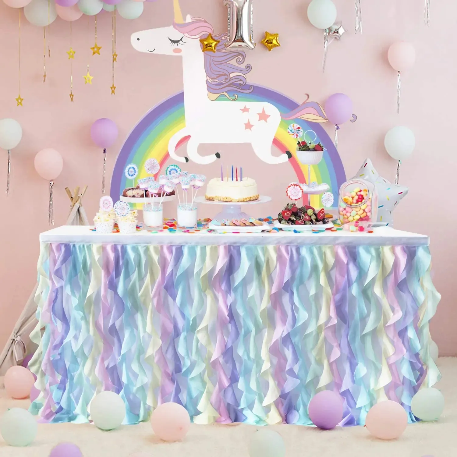 183x77cm Rainbow Unicorn Table Kjol Baby Shower Mermaid Tulle Tutu för kön Reveal Birthday Wedding Bridal Party 231225