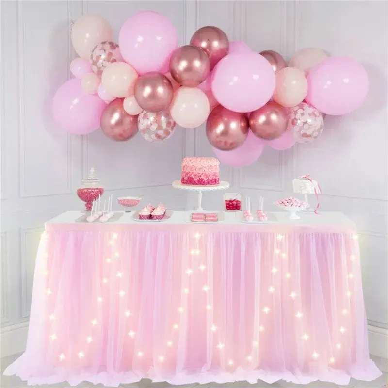 4FT Tulle Table Skirt with LED Lights Cloth for Birthday Party Baby Shower Wedding Bar Home Christmas Decorations 231225