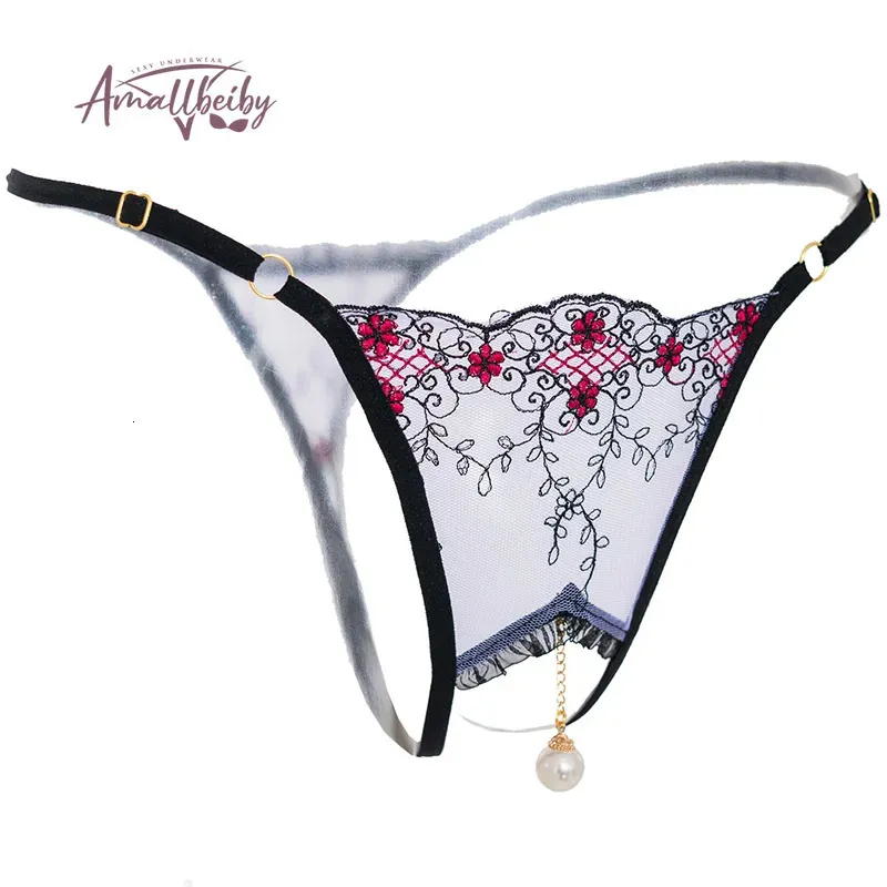 Colgante de perlas Tangas abiertas Ropa interior de mujer Bordado sin entrepierna G String Tanga Calzoncillos de encaje Lencería sexy transparente 231225