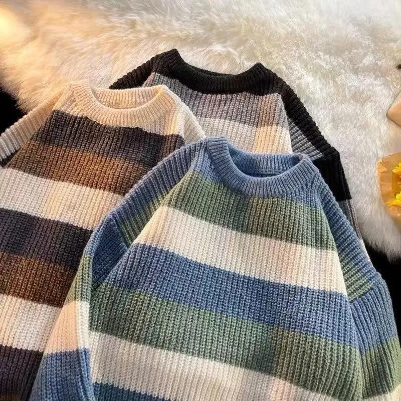 Herrtröjor randig tröja harajuku rund nacke pullover stickad löst långärmad avslappnad överdimensionerad vintage vinterkläder