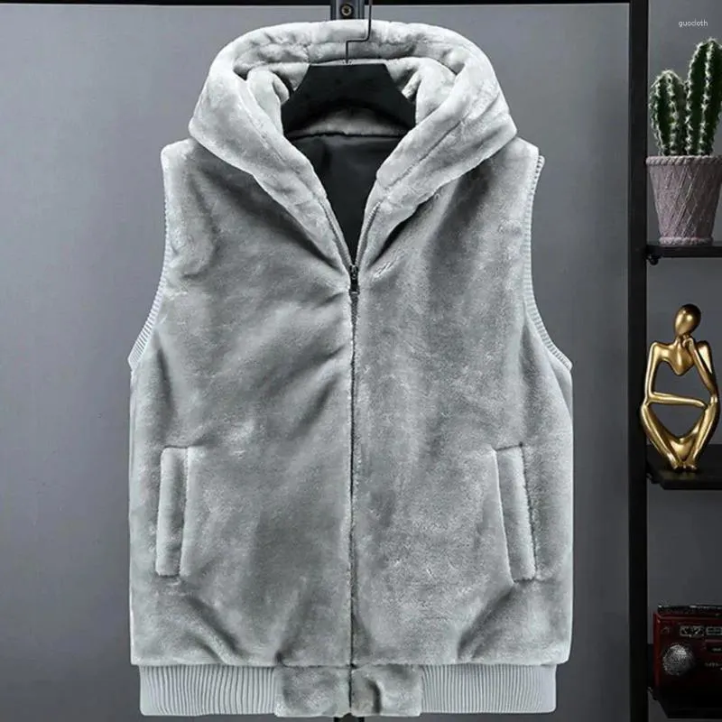 Men's Vests Outdoor Work Vest Winter With Faux Fur Hood Zipper Closure Plush Sleeveless Coat Pockets Plus Size Warm For Cold