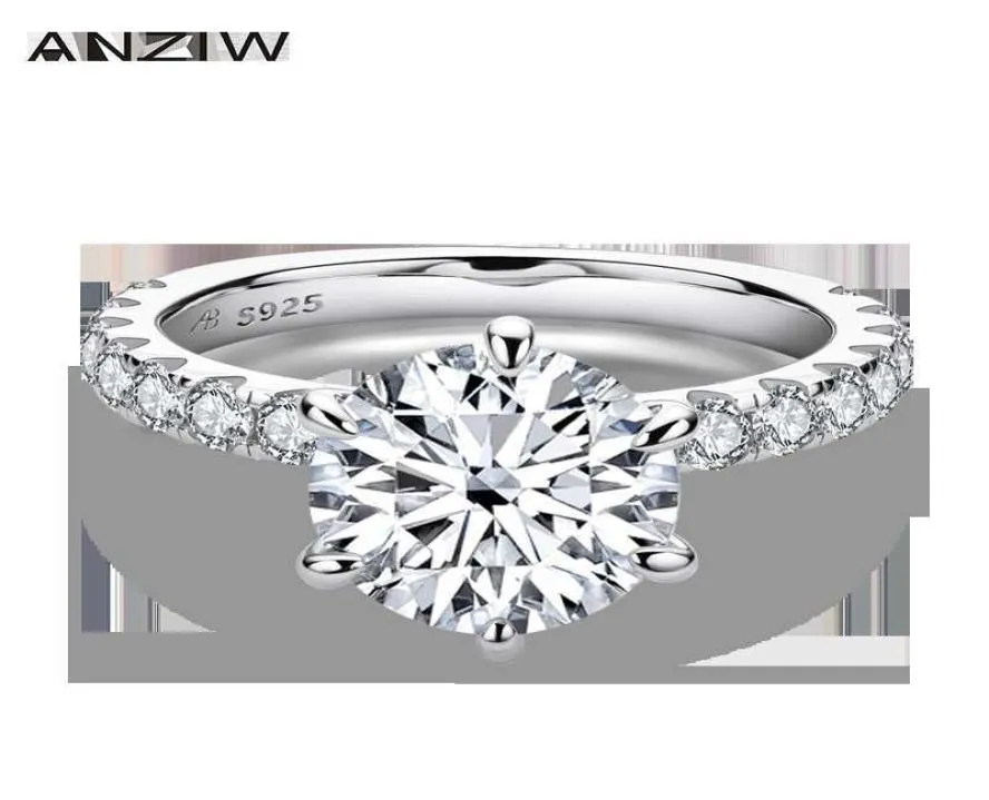 ANZIW 925 Sterling Silver 4CT rundklippning för kvinnor 6 Prongs Simulerade Diamond Engagement Wedding Band Ring Jewelry3162592