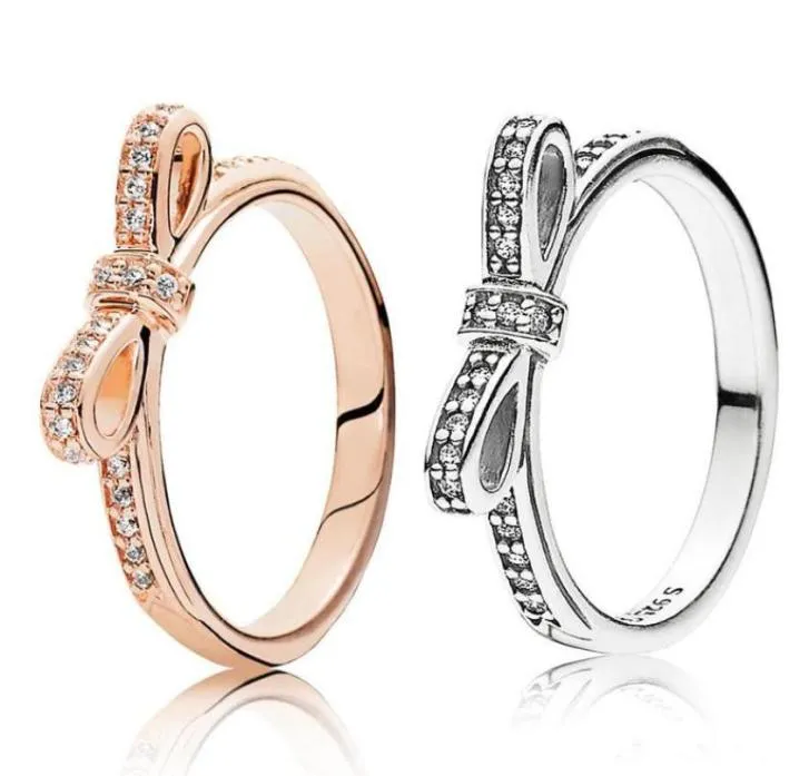 925 srebrny srebrny błyszczące łuk zestaw oryginalne pudełko dla P zbóż kobiety ślubne cZ diamond Bowknot 18K Rose Gold Pierścienie 2694307