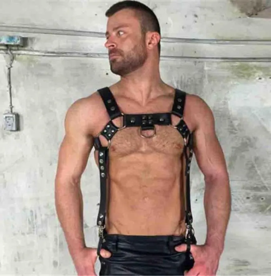 Suspenders Pu Leather Rivets Metal O Rings Chest Shoulders Harness Belts Men Body Bondage Straps Goth Punk Adjustable1234508