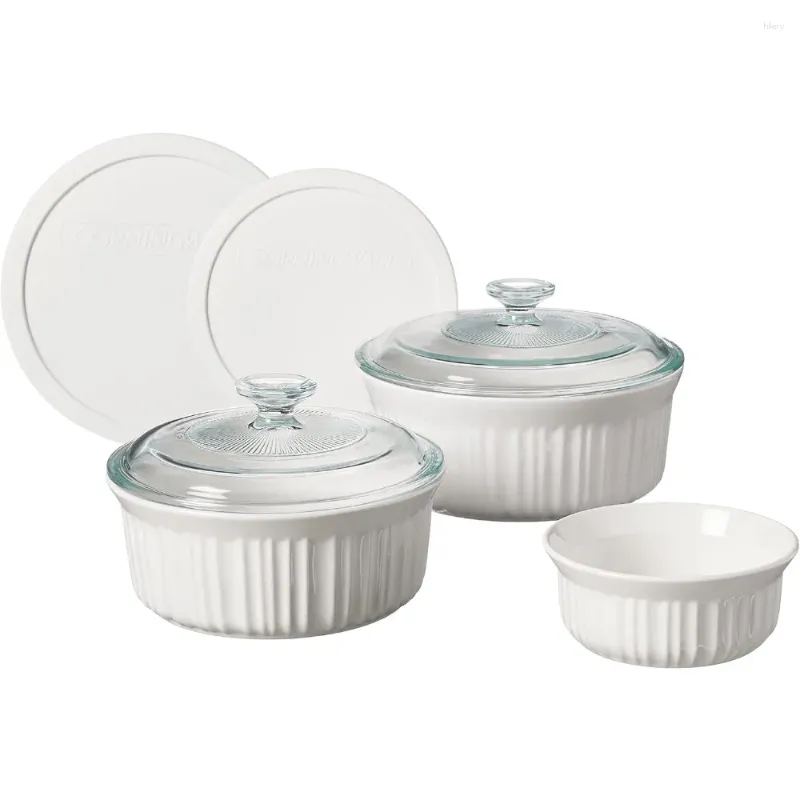 Zestawy naczyń kuchennych Corningware francuskie białe 7-PC Ceramiczne wypieki za pomocą chipów i odpornych na pęknięcia Stoare Mikrofal