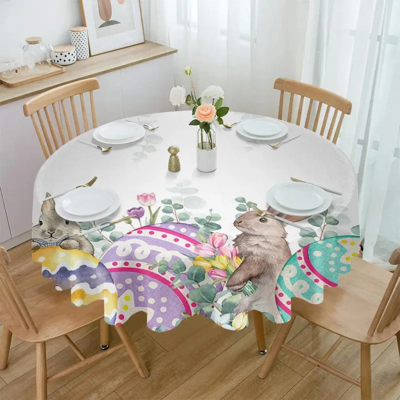 Table Cloth Easter Spring Flower Plant Egg Waterproof Tablecloth Decoration Wedding Home Kitchen Dining Room Round