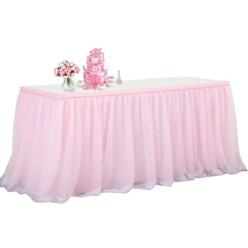 長方形または丸いテーブル用の6フィートピンクのチュールテーブルスカート虹色柳ユニコーンベビーシャワーの誕生日装飾231225