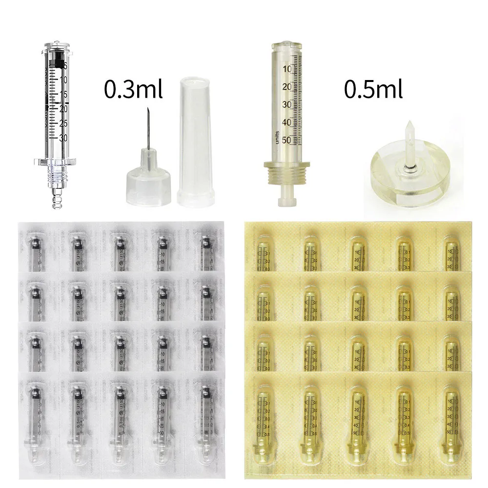 0,3 ml 0,5 ml Ampullenkopfadapter für 20/50/100 Stück Mesotherapie Hyaluron Pen stoßfeste Pads Kit Cellulite-Reduktion Hautverjüngung Schönheitszubehör Werkzeug leer