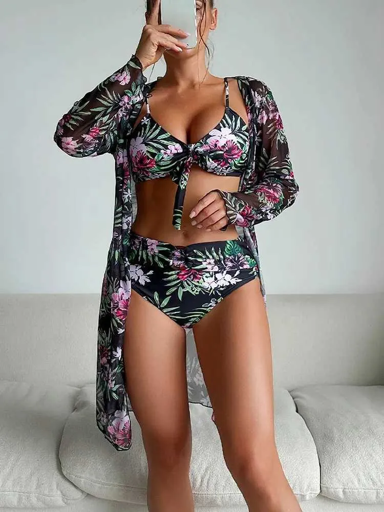 Conjunto de biquínis verão conjunto de biquíni feminino floral impresso cintura alta maiô manga longa cobrir impressão três peças maiô feminino swimwearl231225