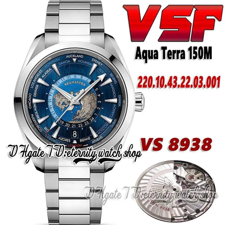 2022 VSF Aqua Terra 150m GMT WorldTimer 8938 Automatisk herrklocka 220 12 43 20 03 001 43mm Blue Dial SS Rostfritt stålarmband 262p