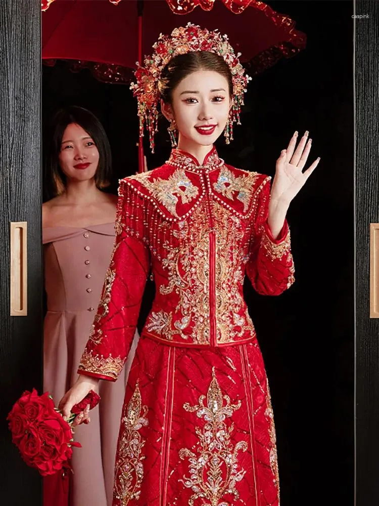 Ethnic Clothing Exquisite Beaded Sequins Embroidery Bride Wedding Dress Chinese Style Marriage Set Costume Oriental Toast