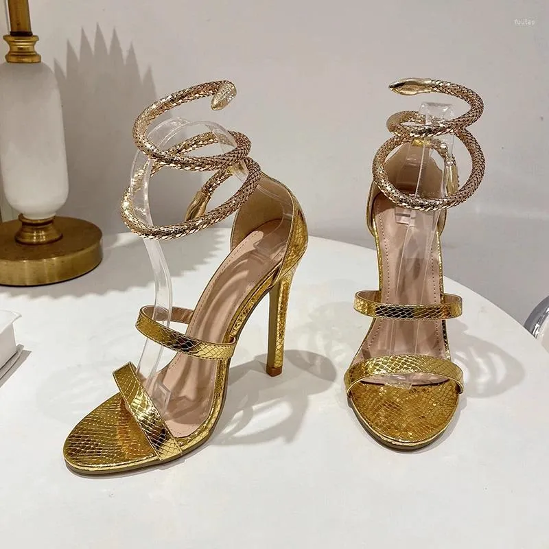 Dress Shoes Round Toe Peep Sequin Snake Ankle Strap Women's Sandals Summer Stiletto Heels Gold Black Party Fashion 35-42 Plus Size