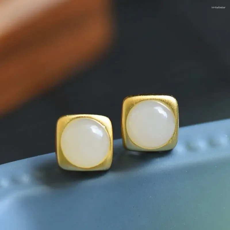 أقراط Dangle S925 Sterling Silver Natural Hetian Jade White Square Women's Women Simple Simple