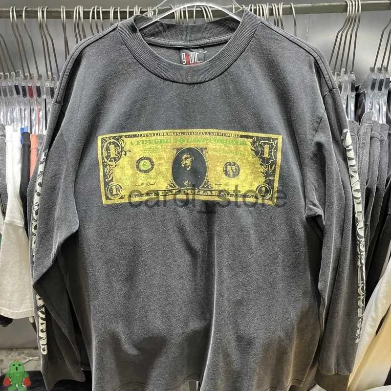 Men's Hoodies Sweatshirts Men's Dress Shirts 2023 Saint Michael Vintage T-shirt Dollar Money Print Broken Damage Design Top Tee Couple T Shirt Long Sleeve J231225