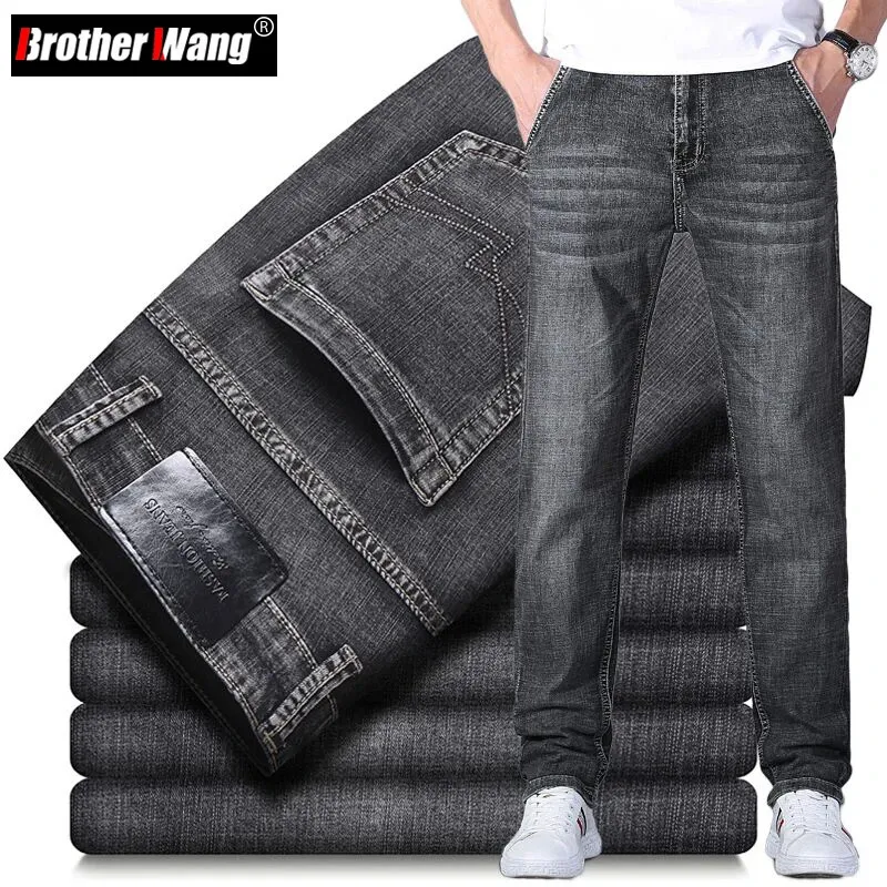 Klassieke stijl heren donkergrijze slimfit stretch jeans lente katoen regular fit denim broek mannelijke merkbroek 231222