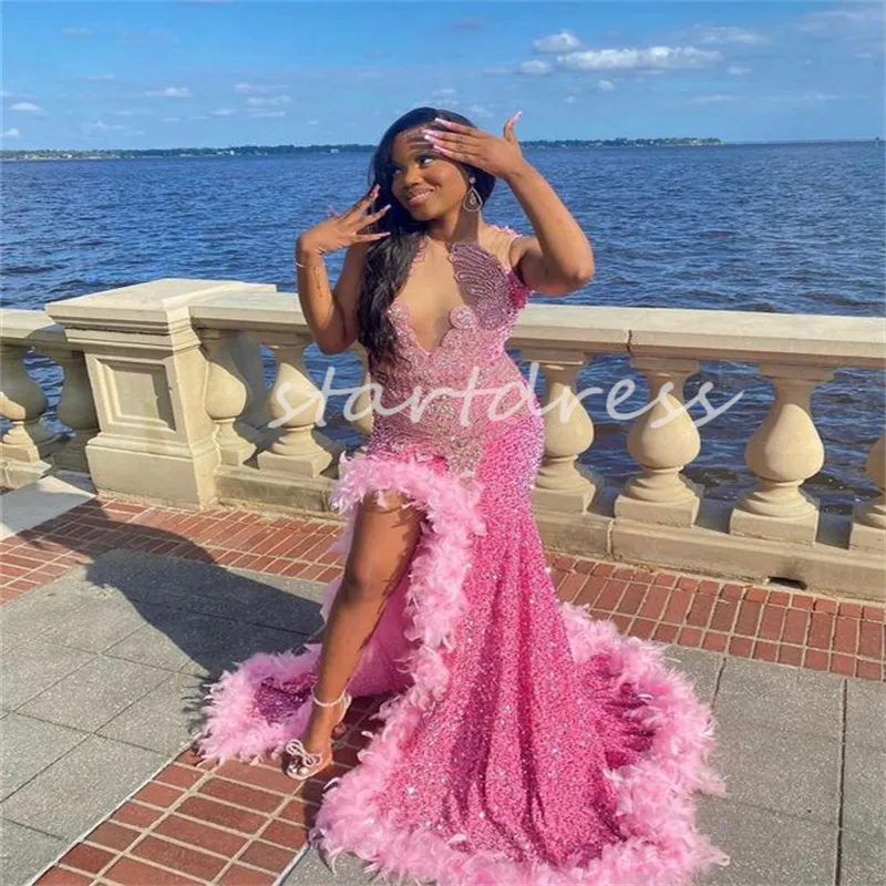 Pink Sequin Prom Dress for Black Women Sleeveless Mermaid Trumpet  Silhouette with Side Slit and Sweep Train Formal Evening Gown