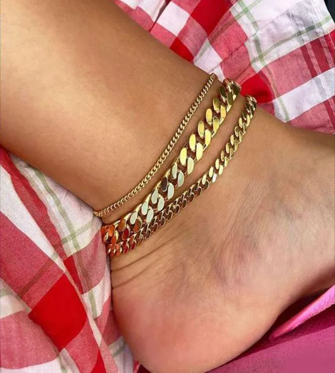 18K Guld Titanium Steel Anklets Tarnish Hypoallergenic 3mm 6mm 8mm Cuban Link Chain Gold For Women Summer Beach Foot Armband Jewe2153852