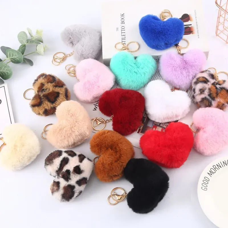 Party Favor Heart Keychain Ball Faux Fur Fluffy Key Holder Women Cute Plush Key Ring Love Gift Girlfriend Brithday