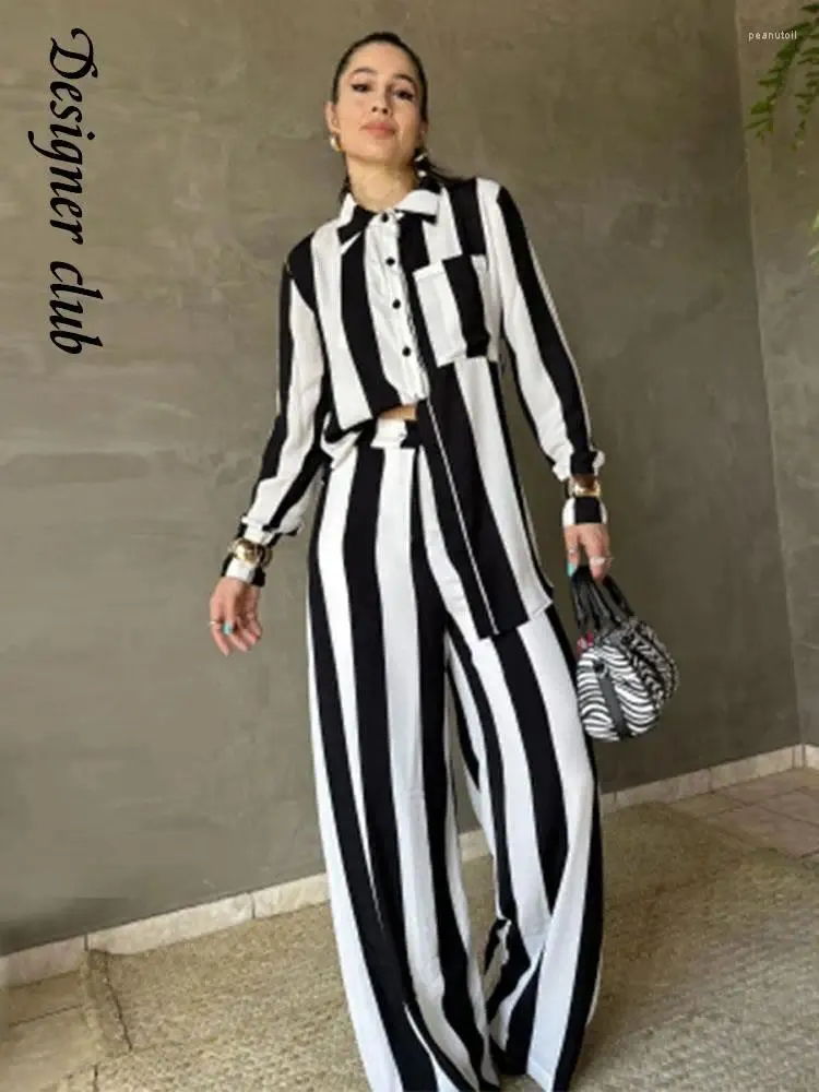 Women's Two Piece Pants Women Elegant Black White Striped Outfit Casual Long Sleeved Shirt High Waist Wide Leg Set 2023 Autumn Female Chic