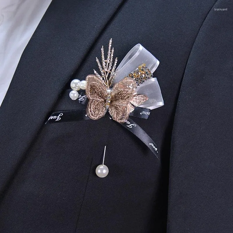 Decoratieve Bloemen Man Pin Klassiek Strass Pak Broches Feest Bruiloft Stalknecht Boutonniere Mode Vlinder Revers