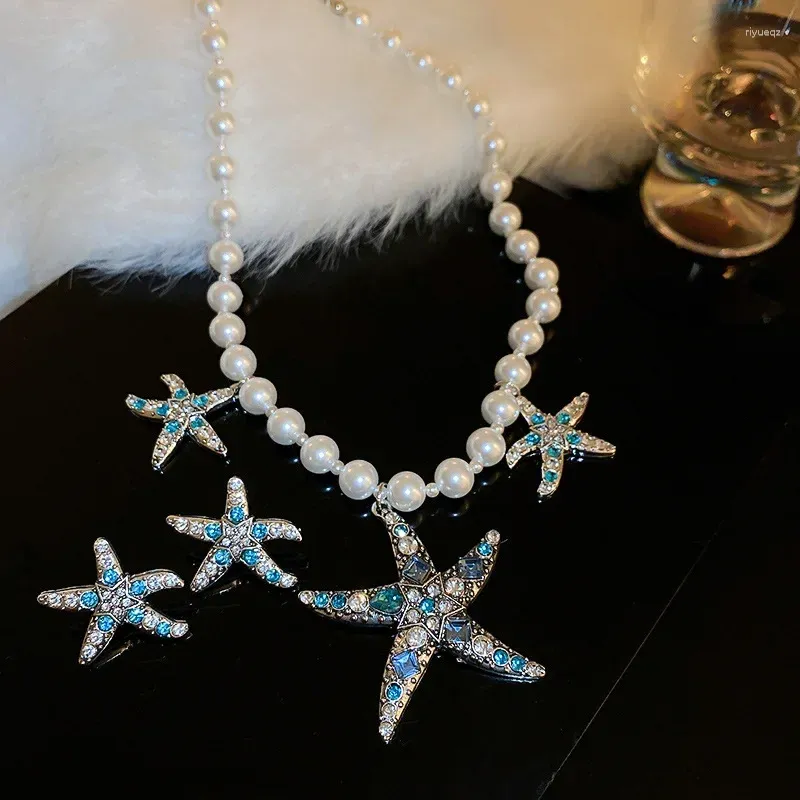 Halsband örhängen Set Luxury Rhinestone Starfish Pearl Sweater Chain for Women Fashion Party Jewelry