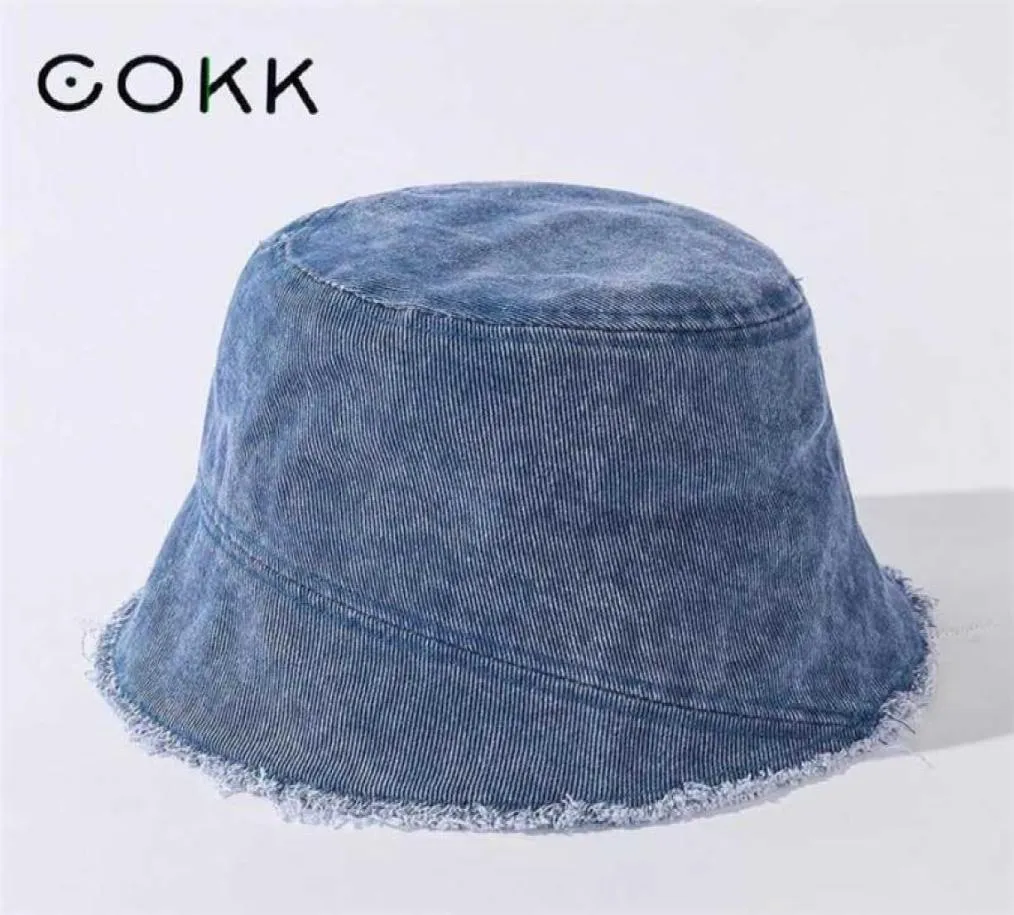 Yıkanmış denim kumaş kova şapkası kadınlar vintage rahat püskül brim balıkçı kapağı güneş güneşli güneş bob 2110139535161