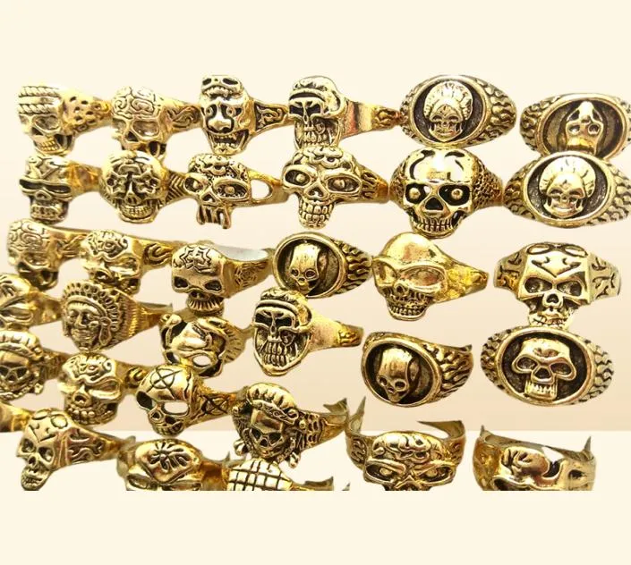 Whole lot 50pcs Gold Mix Men Gift Mens Punk Style Jewelry Skull Ring Skeleton Pattern Man Gothic Biker Rings Party Gift Wholes2492310