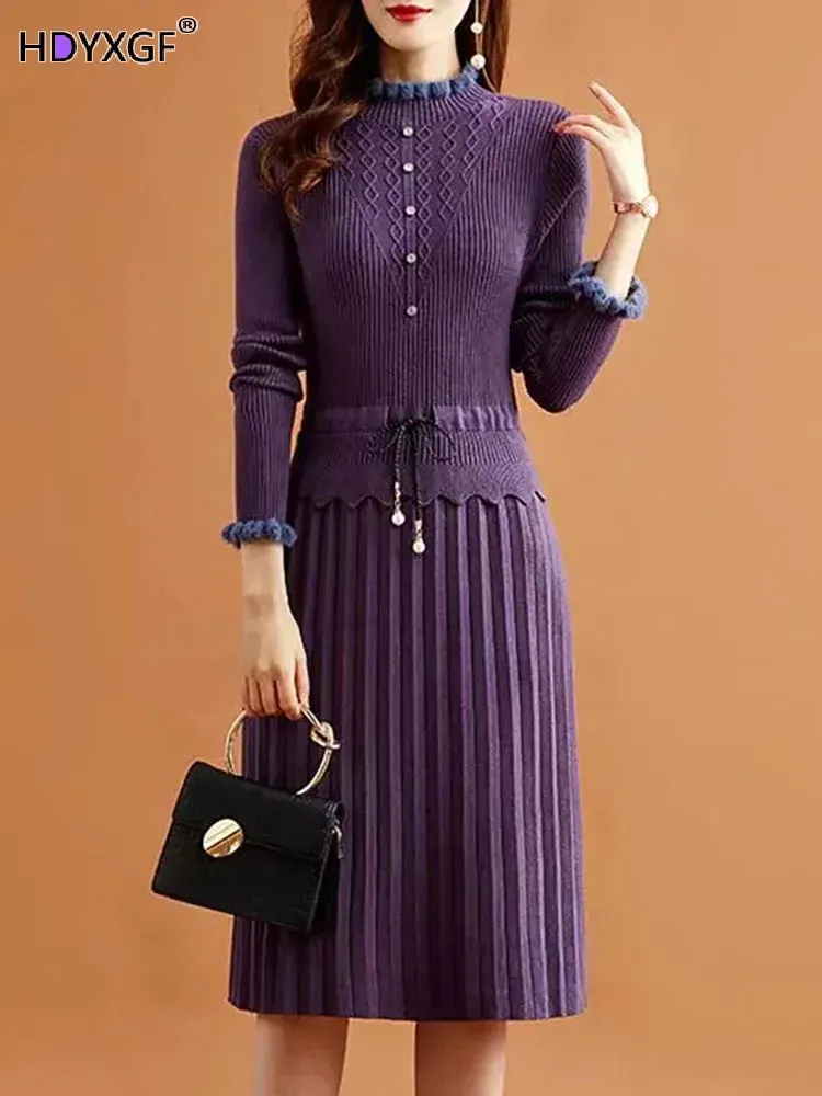 Swobodny fałszywy dwa kawałki plisowane dzianinowe sukienki Kobiety w stylu vintage długie rękawowe sukienki Swater Sweter Fall Eleganckie Slim Midi Vestidos 231225