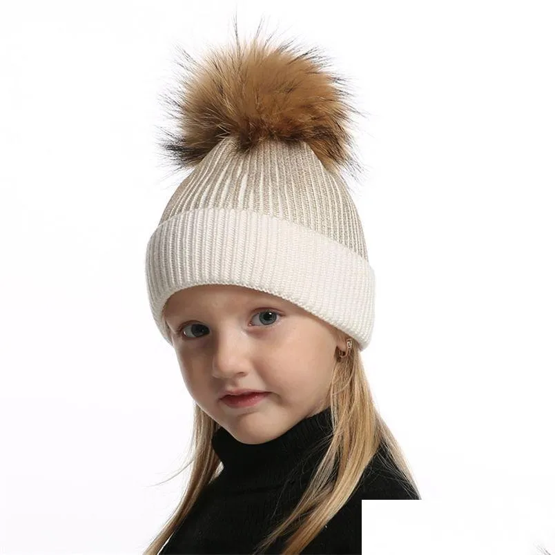 Caps & Hats Wool Knitted Winter Hat For Kids Girls Boy Gold Sier Pink Black Metallic Print Beanie Real Fur Pompom 220105 Drop Delivery Dheti