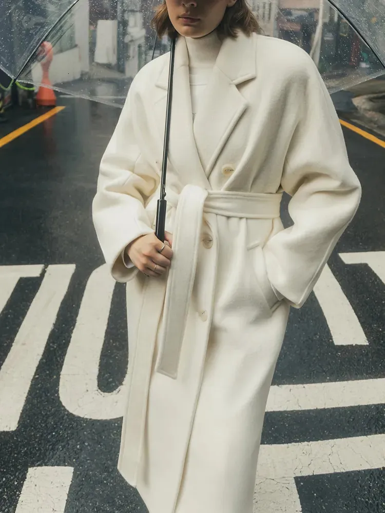 Hiver femmes Vintage Long manteau de laine avec ceinture solide décontracté Double boutonnage Chic vêtements d'extérieur dames pardessus femmes vestes 231225