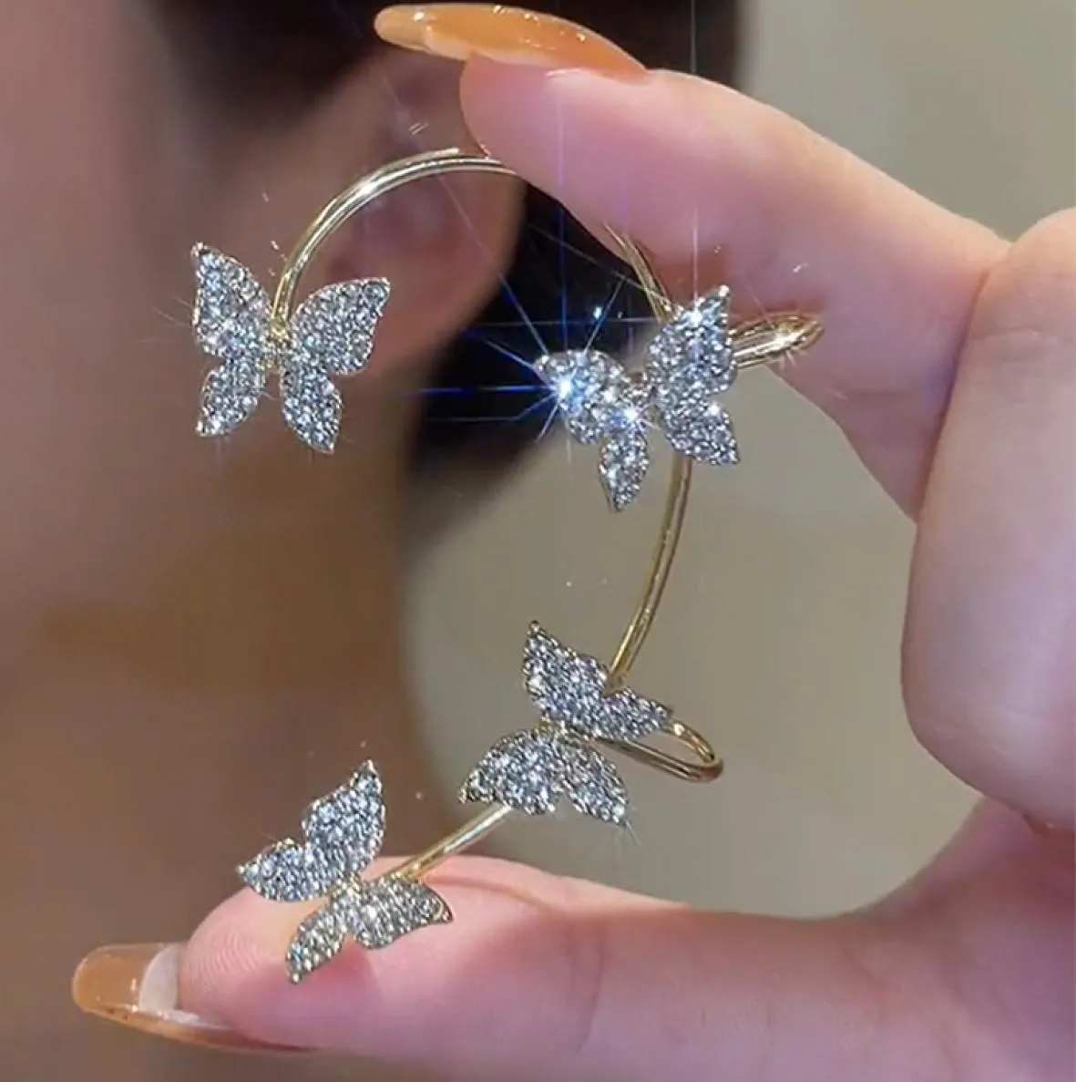 Clips d'oreille papillon en métal plaqué or sans perçage pour femmes, Clip de manchette d'oreille en Zircon scintillant, boucles d'oreilles féminines, bijoux de mariage6317594