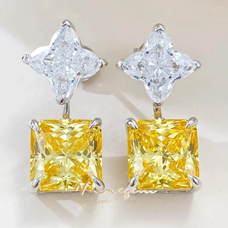 Dange oorbellen vinregem 10 mm prinses gesneden citrien hoge koolstof diamant edelstenen elegante druppel voor vrouwen 925 sterling zilveren sieraden
