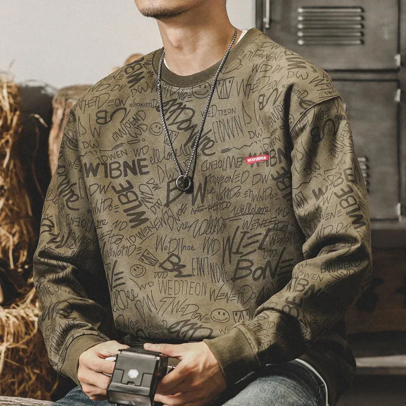 秋の男性スエードクルネックスウェットシャツ韓国ファッションストリートウェア長袖トレンドトレンド衣料ハラジュクプルオーバーパーカー231222