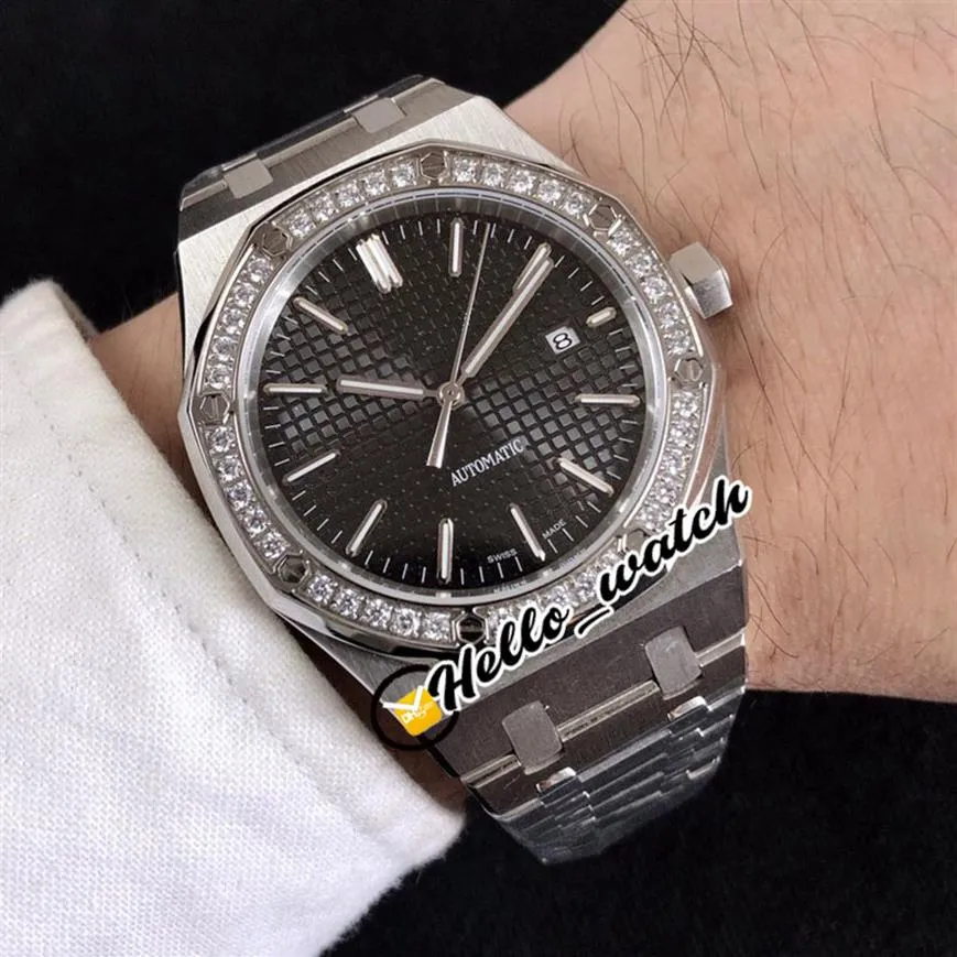 3A 41mm asiatique 2813 Automatic Mens Watch Texture Black Texture Diamond Mezel Bracelet en acier inoxydable Sapphire montres 15400 Hello W312S