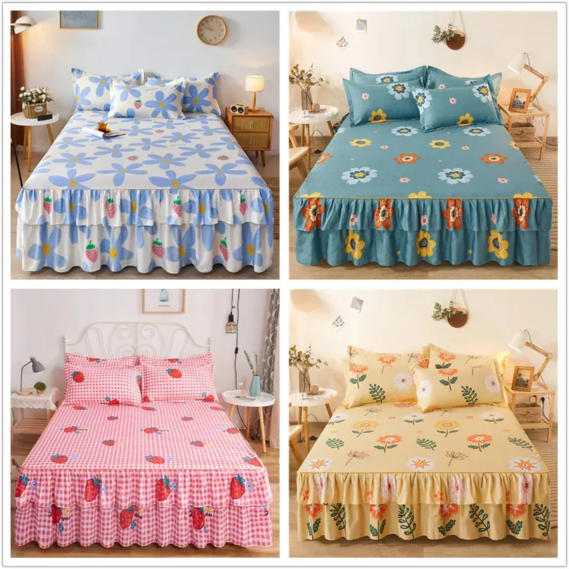 Double Lace Bed Skirt colcha de cama queen Plant Printed Cover Single Queen King Size Sheet Skirt Pillowcase need order 231225