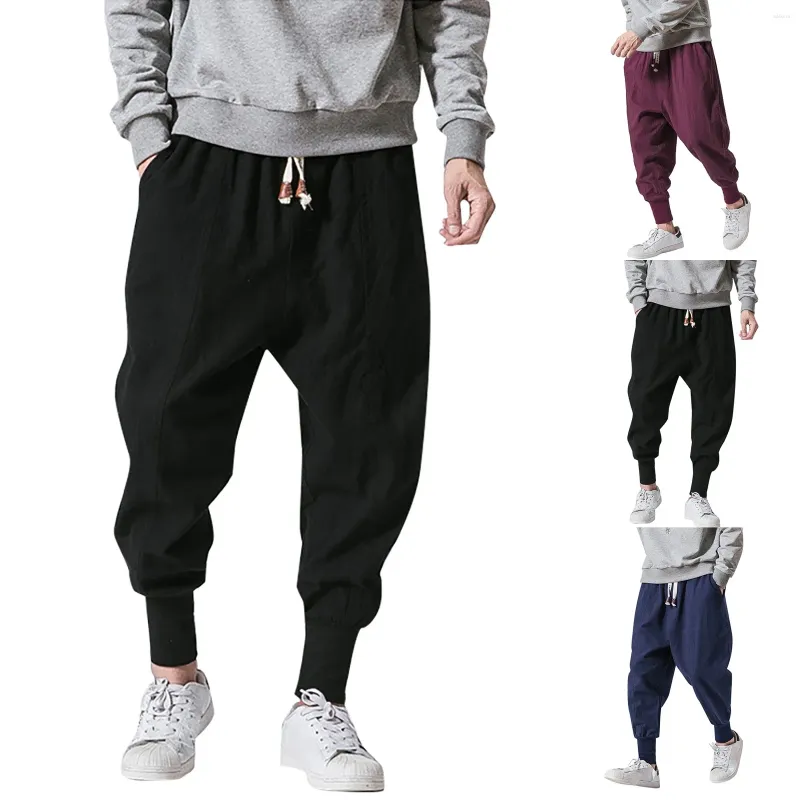 Men's Pants Joggers Solid Casual Cotton- Elastic Trousers Waist Drop-crotch Men