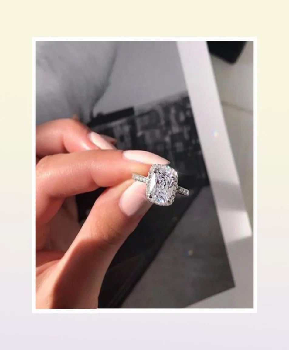 Vierkante diamanten ring volledige diamant micro ingelegde ring sterling zilver kussen verlovingsring vrouwelijke sieradenTHKHi95358642494758
