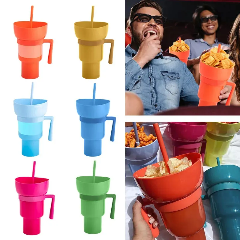 Draagbare sportveldroller 2-in-1 snackkom en drinkbeker met rietje multifunctionele, van kleur veranderende snackcontainer voor thuisgebruik 231225
