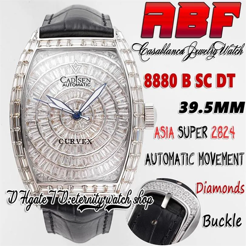 ABF Cintree Curvex abf8880 C D ETA A2824 Automatisch herenhorloge Baguette geplaveide diamanten kast Iced Out diamanten wijzerplaat zwart leer Str183I